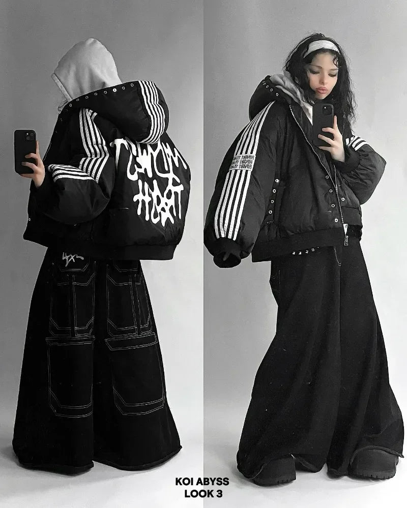 Black Puffy Side Striped Jacket