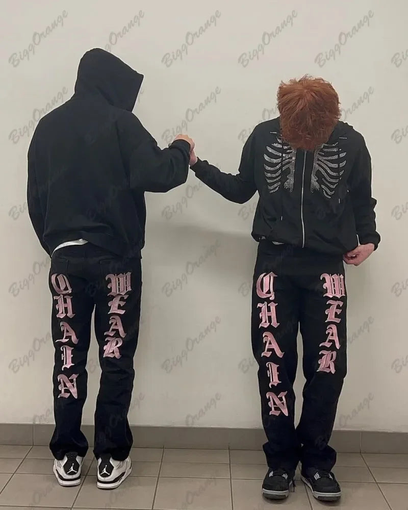 Calligraphy Embroidered Letter Jeans