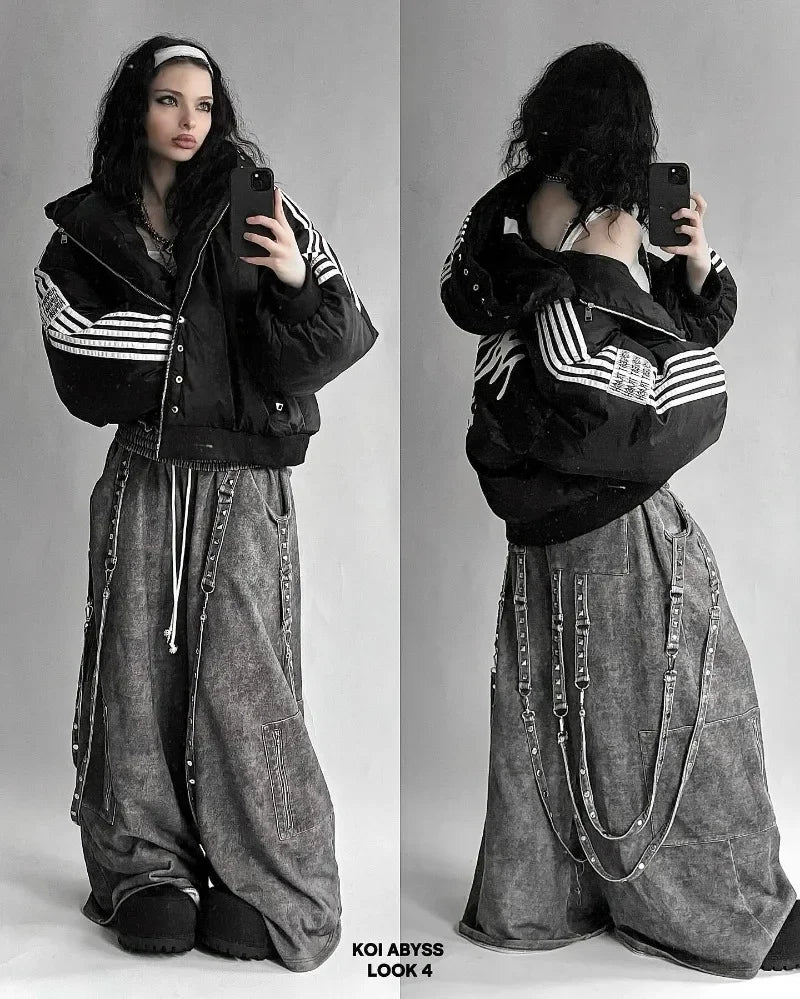 Black Puffy Side Striped Jacket