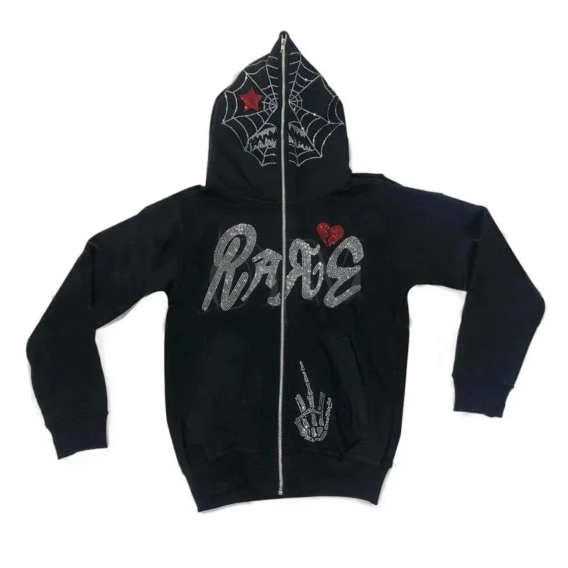 Black Rhinestone spider web Hoodie