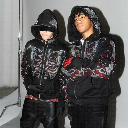 Hoodie Men Y2K rhinestones Skeleton Long Sleeve Sweatshirt