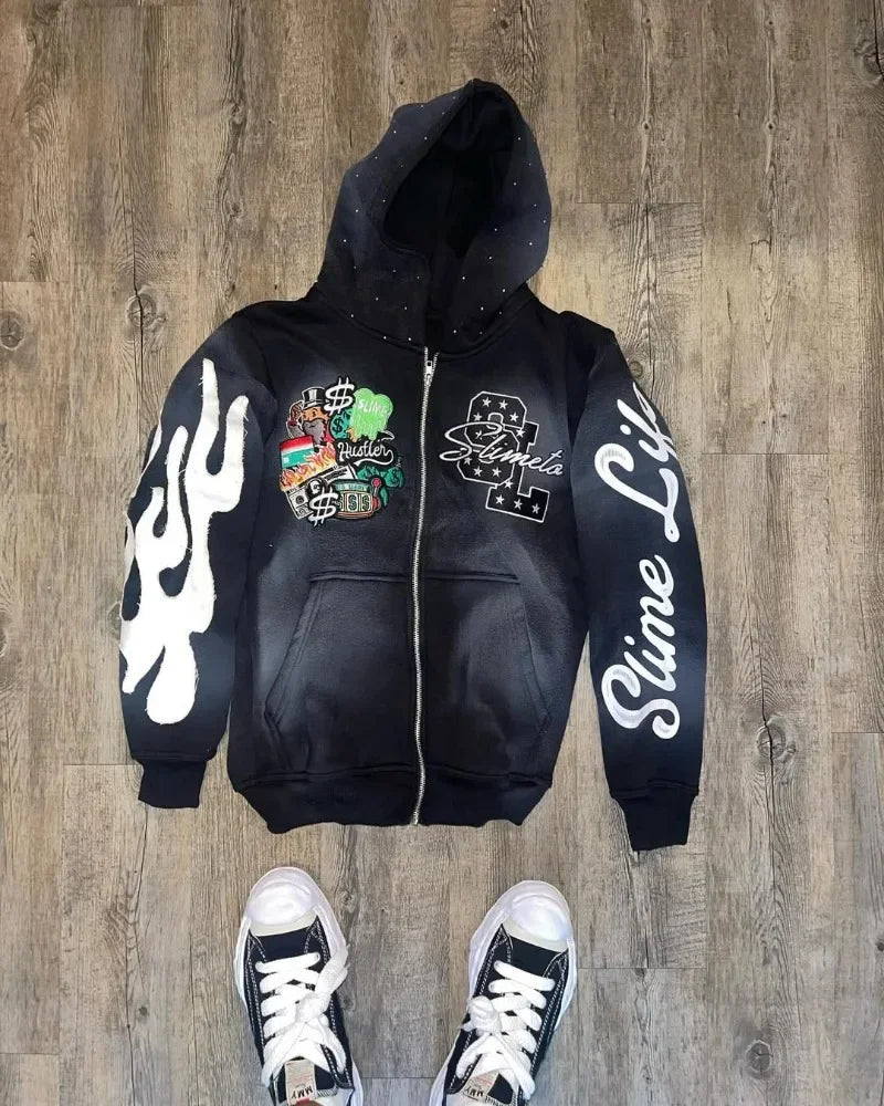 Fire Sleeve Washed Streetwear Jacket