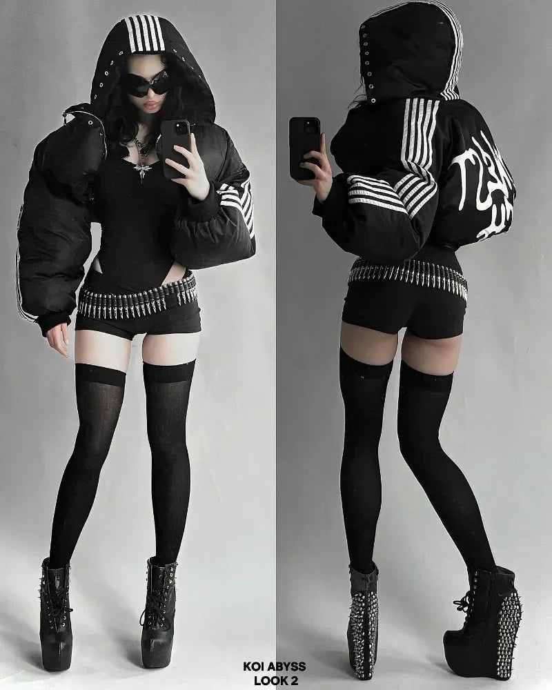 Black Puffy Side Striped Jacket
