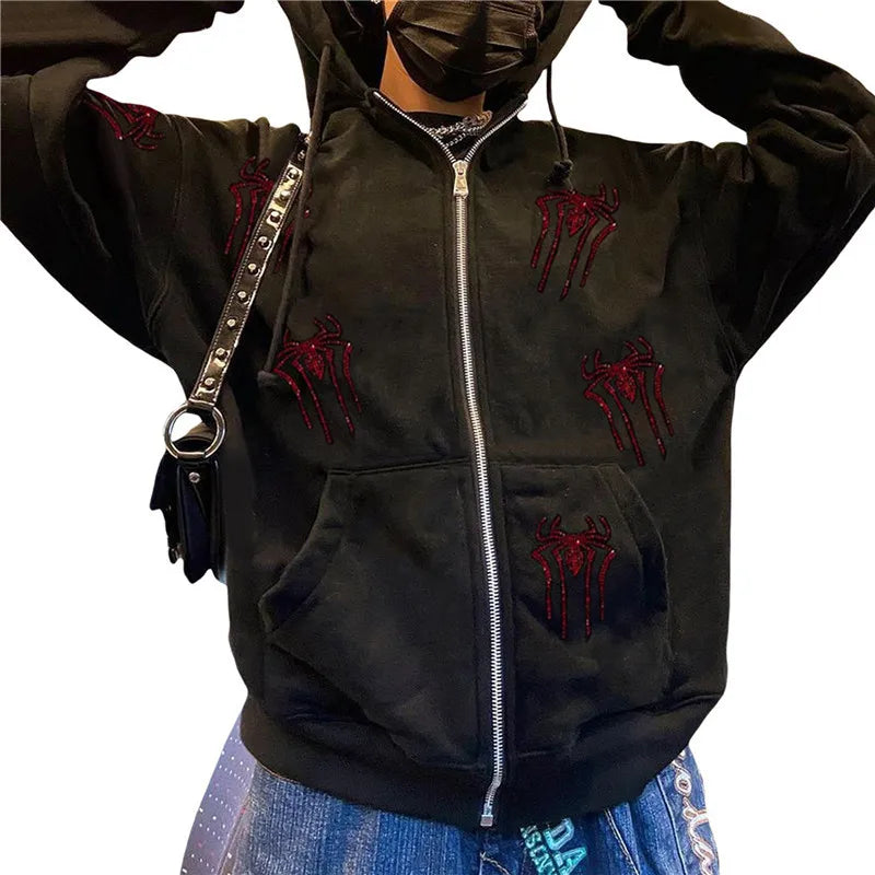 Spider Rhinestone Zip up Hoodie