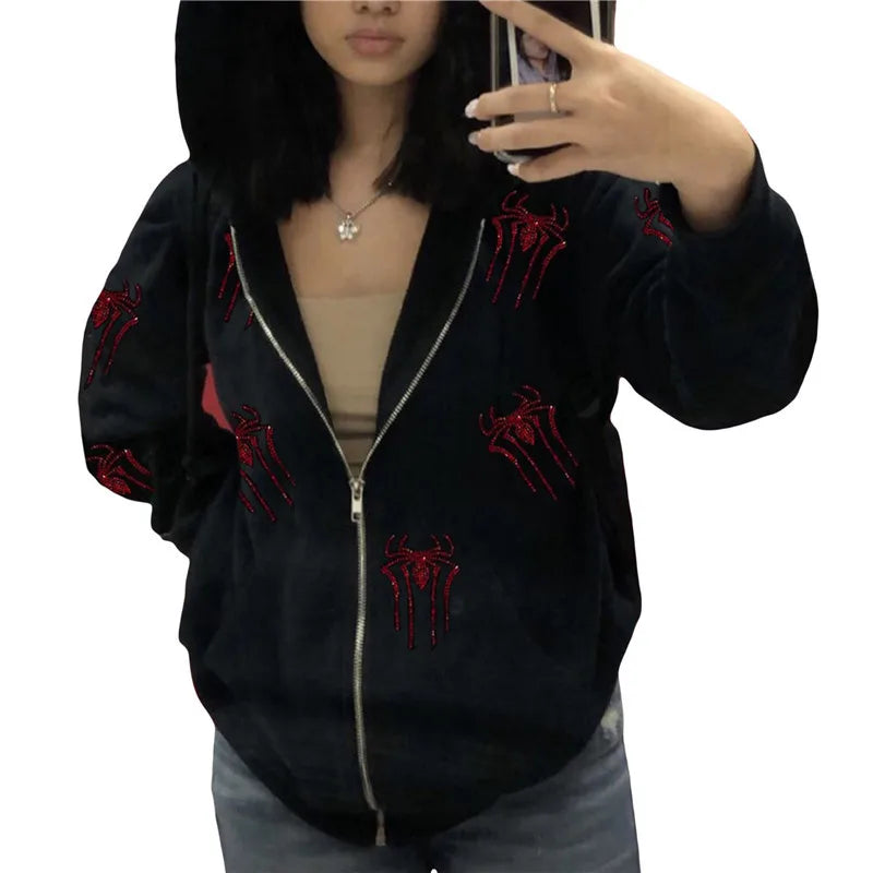 Spider Rhinestone Zip up Hoodie
