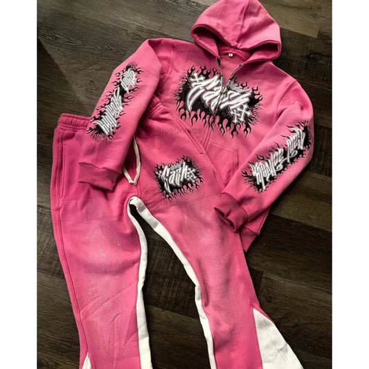 Black and Pink Zippered Hoodie Set