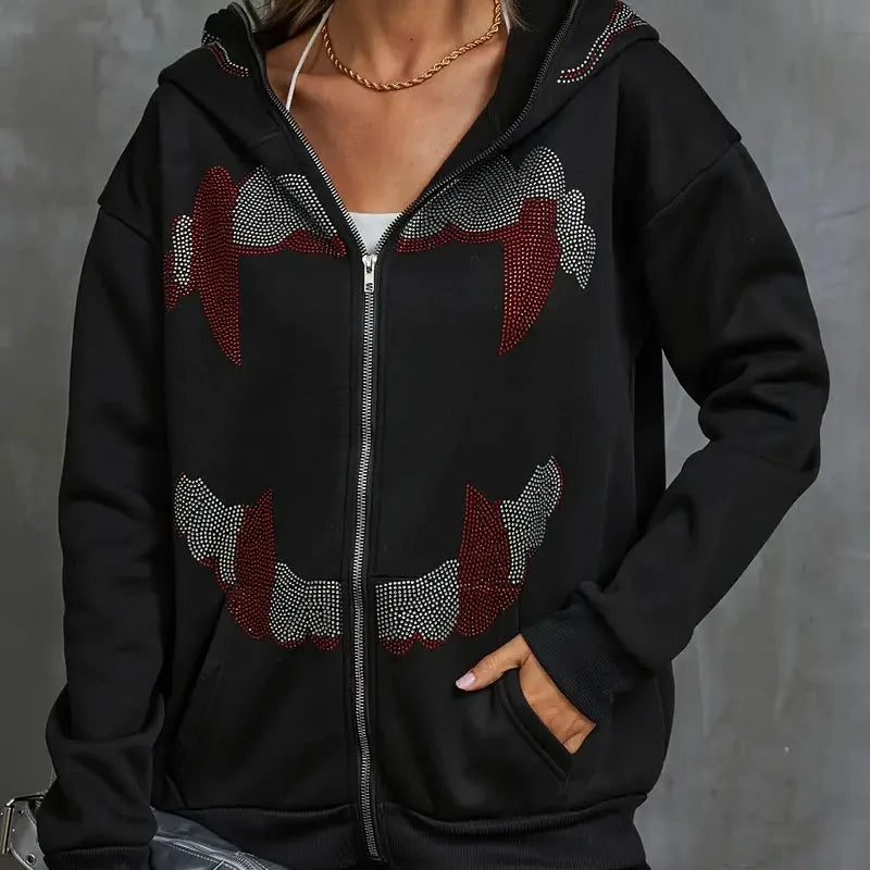 Black Rhinestone Fang Hoodie