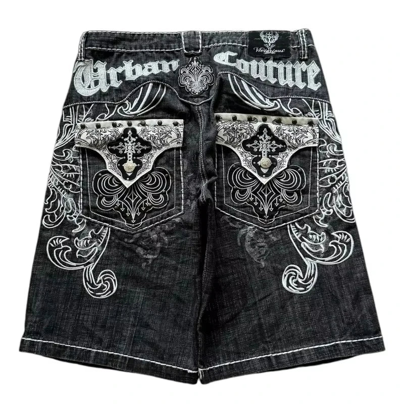 Graphic Printed Gothic Baggy Jean Shorts