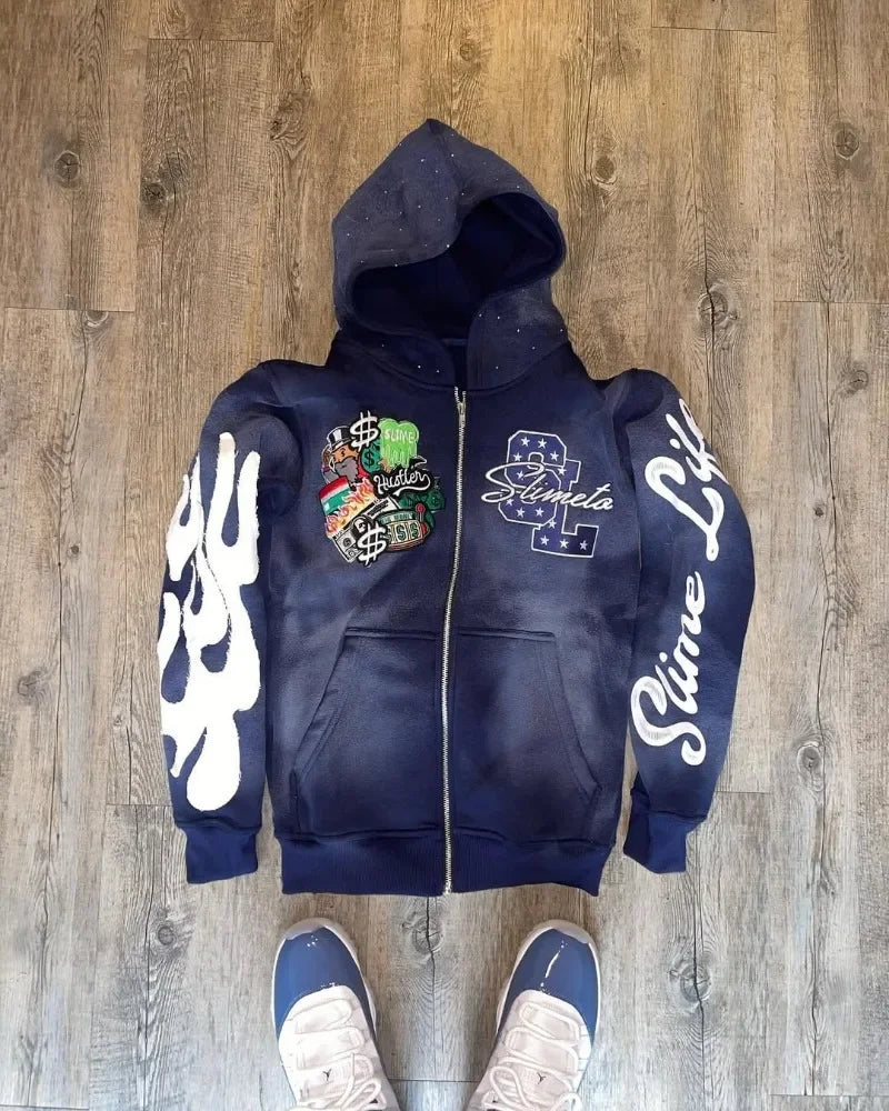 Fire Sleeve Washed Streetwear Jacket