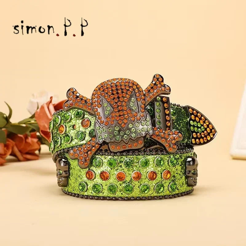 Rhinestone Belt with Skull Buckle