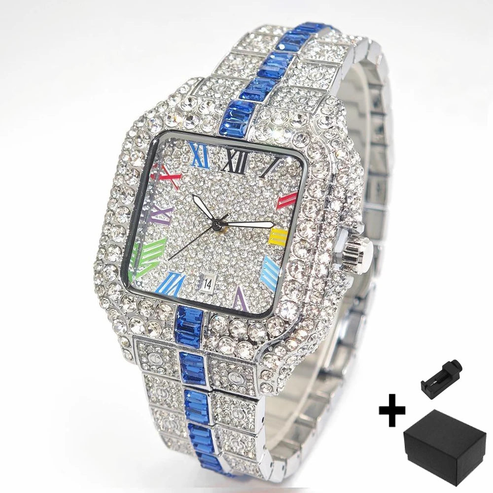 Square Shaped Striped Luxury Iced Out Watch