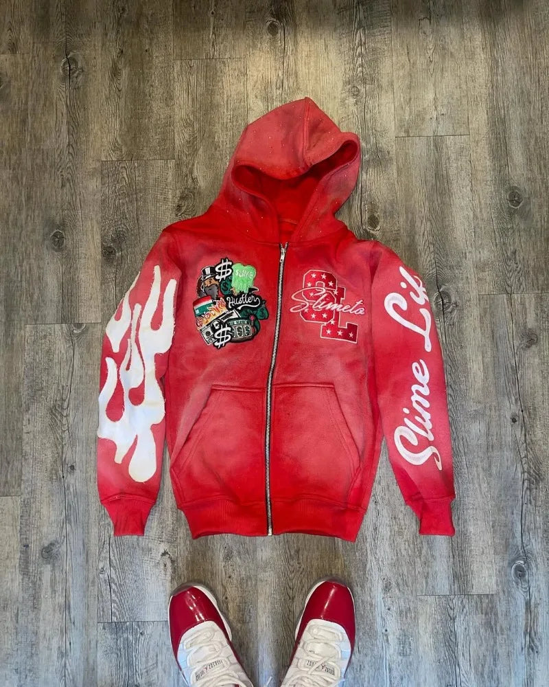 Fire Sleeve Washed Streetwear Jacket