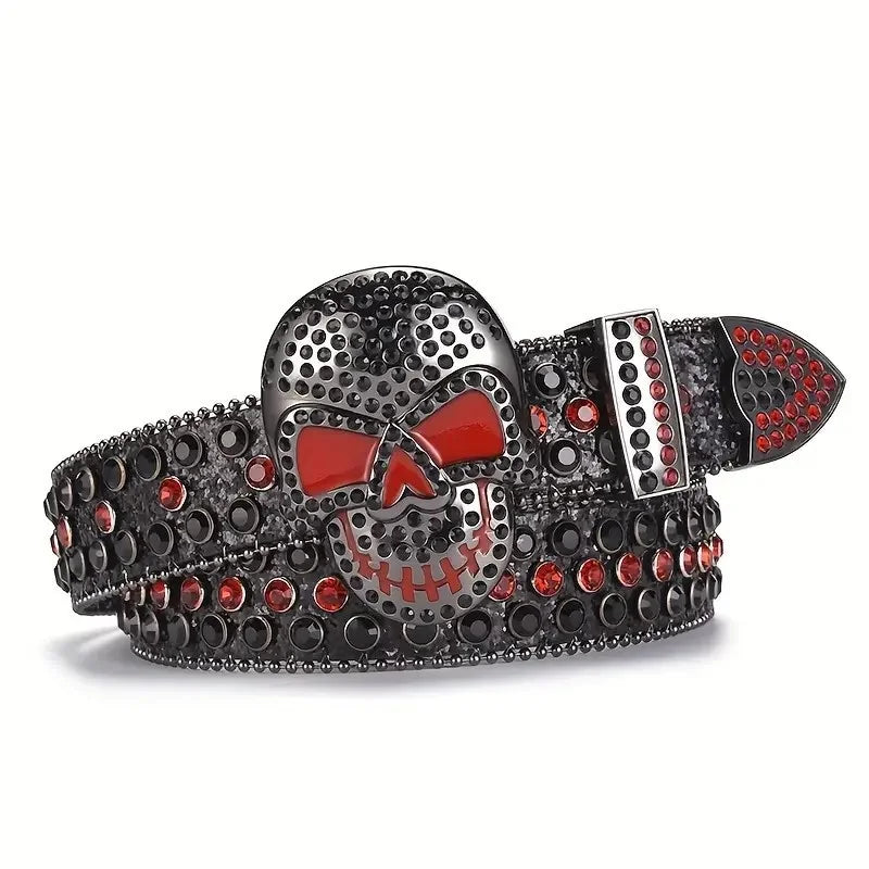 Western Big Skull Buckle Sparkly Leather Rhinestone Belt