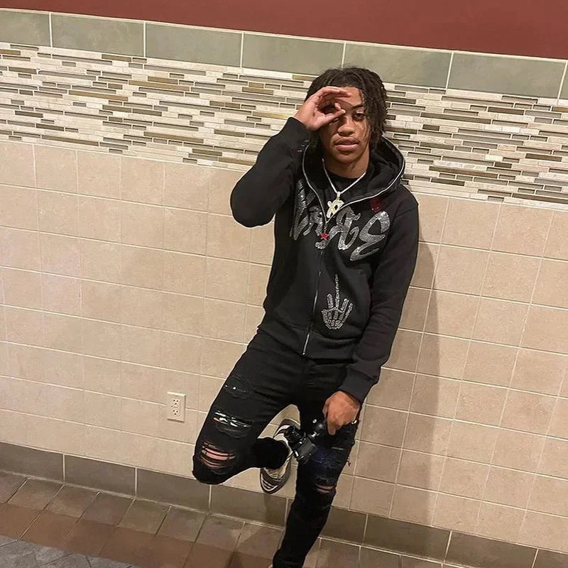 Black Rhinestone spider web Hoodie