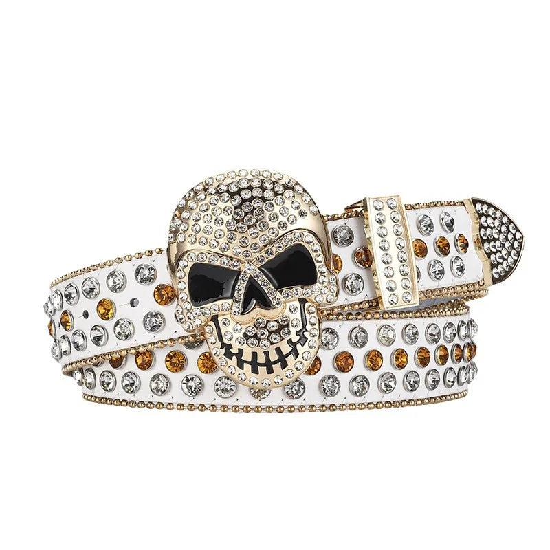 Western Big Skull Buckle Sparkly Leather Rhinestone Belt