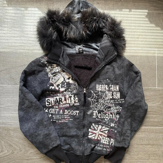 Fur Hooded Gothic Zip Up Hoodie