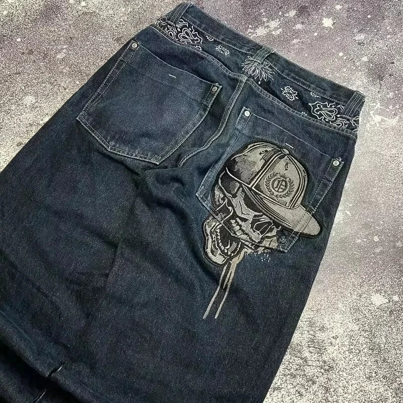 Skull Embroidered Baggy Jeans