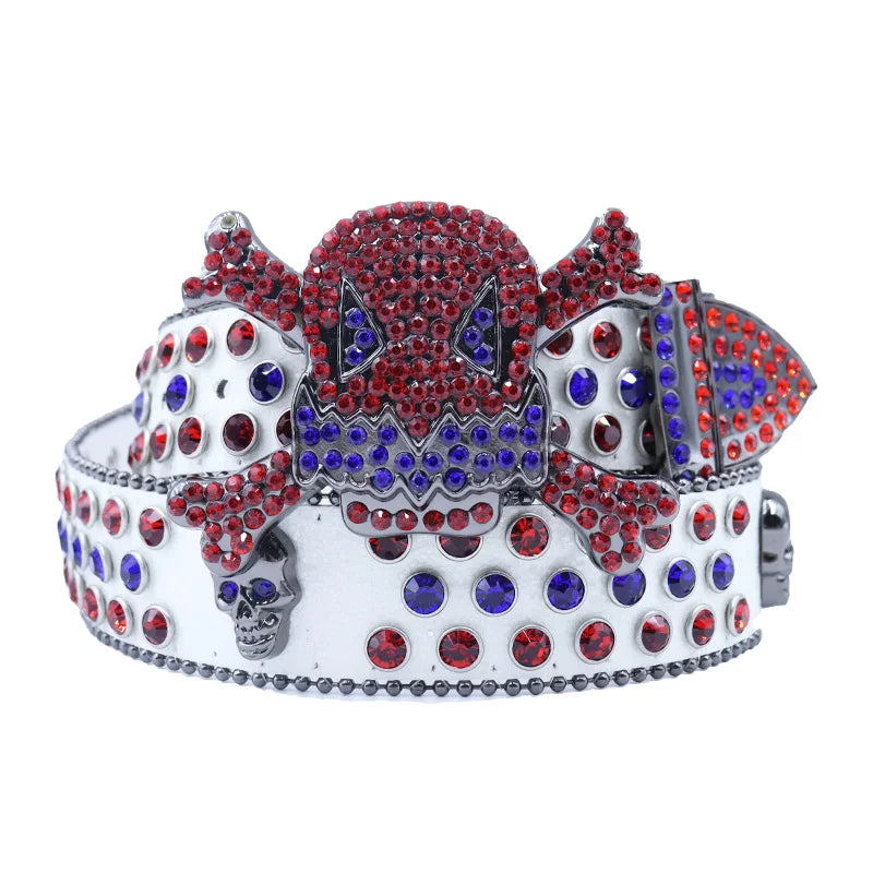 Western Big Skull Buckle Sparkly Leather Rhinestone Belt