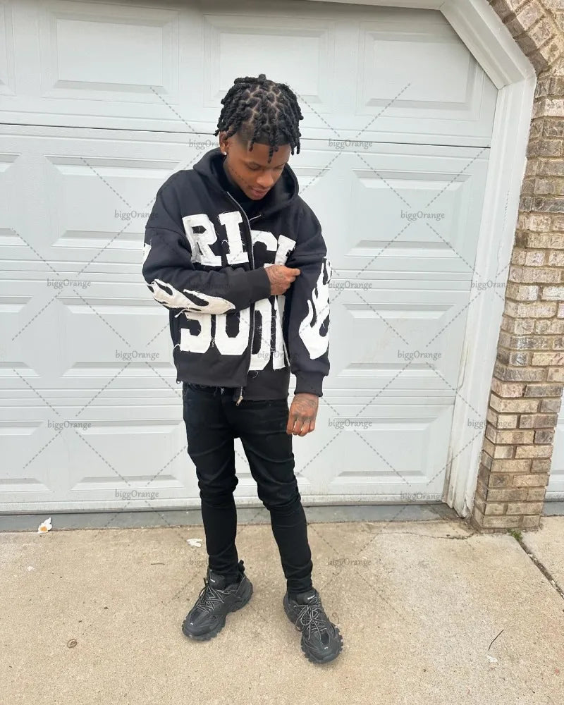 High Quality Ripped Embroidered Lettering Hoodie