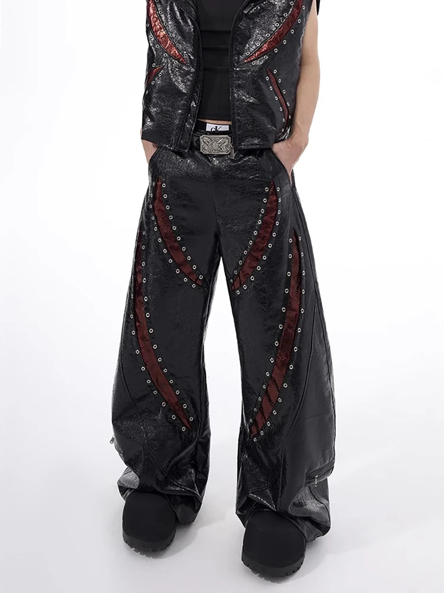 Gothic Rivet Design Flared Leather Pants