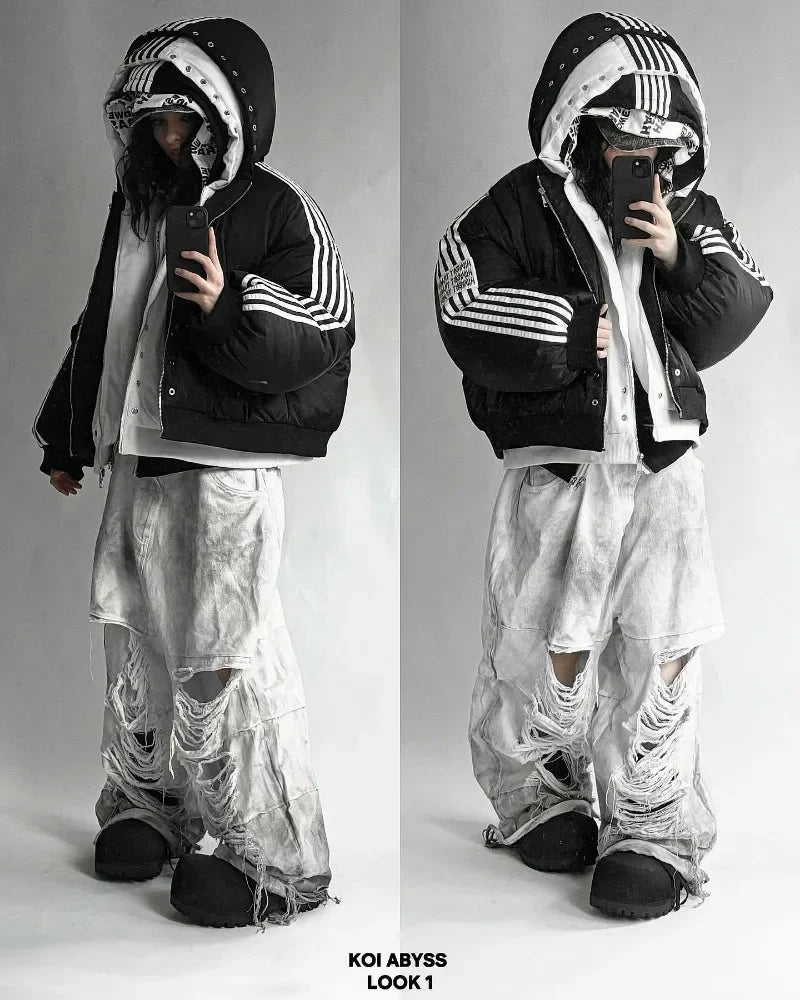 Black Puffy Side Striped Jacket