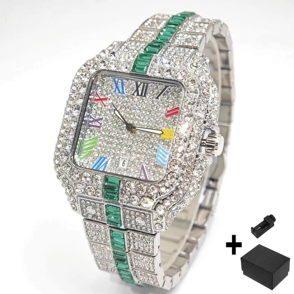 Square Shaped Striped Luxury Iced Out Watch