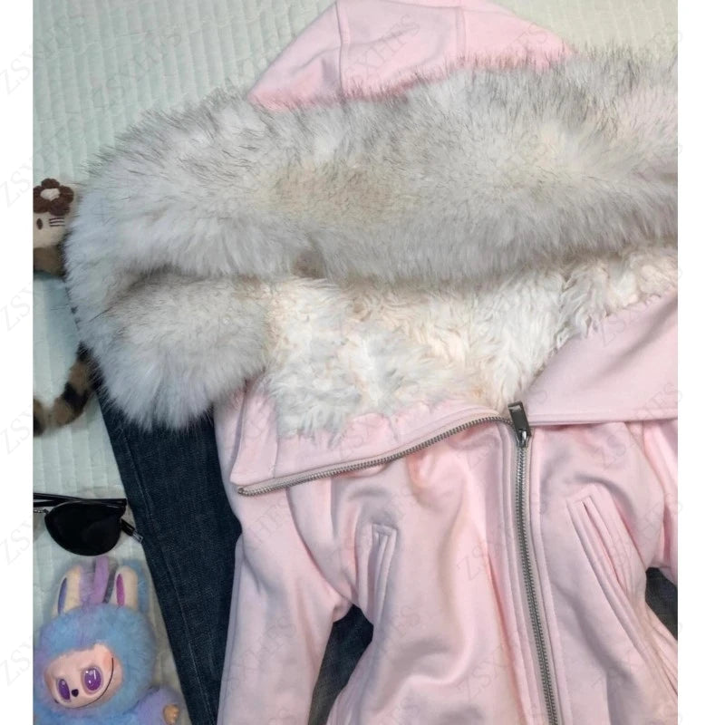 Pink Fuzzy Hooded Zip Up Sweater