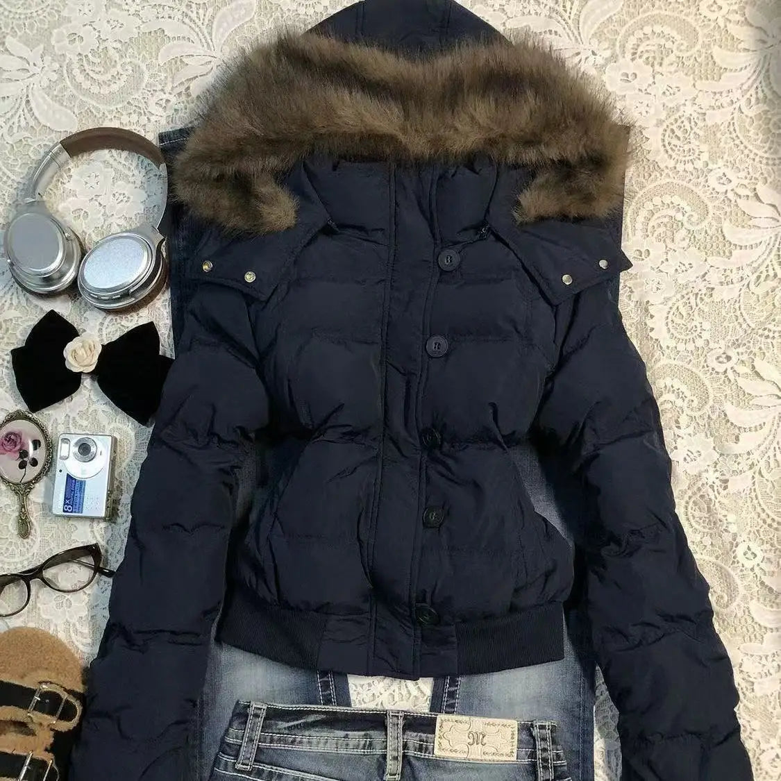 Slim Waisted Puffer Faux Fur Jackets