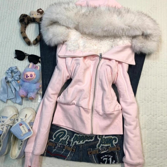 Pink Fuzzy Hooded Zip Up Sweater