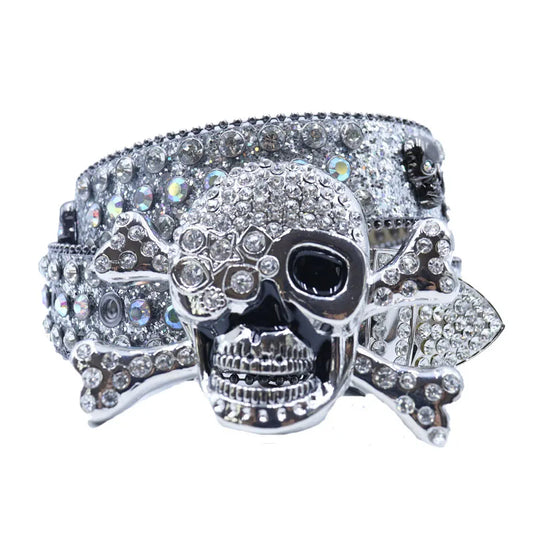 Western Big Skull Buckle Sparkly Leather Rhinestone Belt