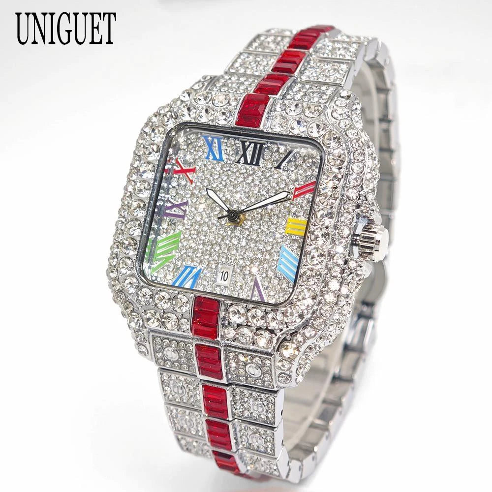 Square Shaped Striped Luxury Iced Out Watch