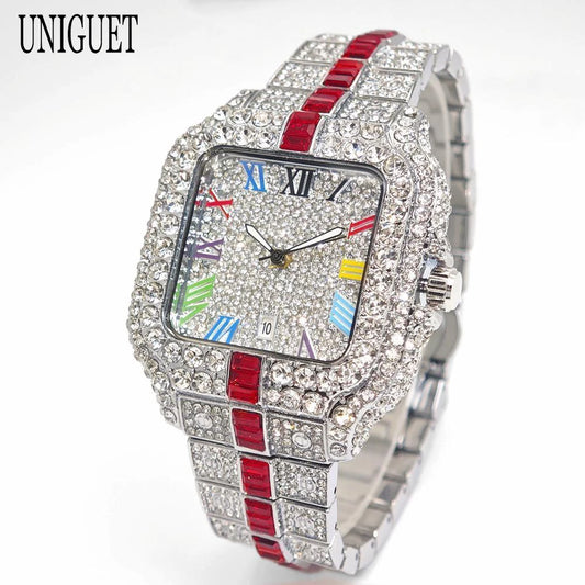 Square Shaped Striped Luxury Iced Out Watch