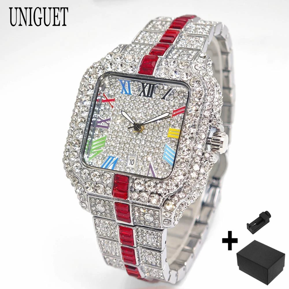 Square Shaped Striped Luxury Iced Out Watch