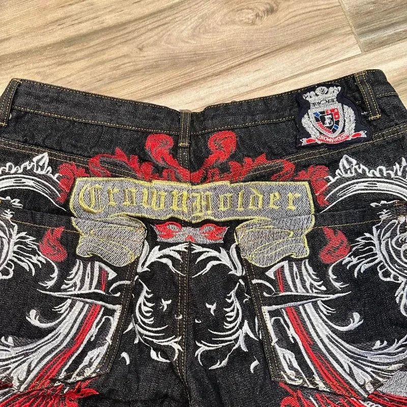 Gothic Embroidered Baggy Denim Shorts