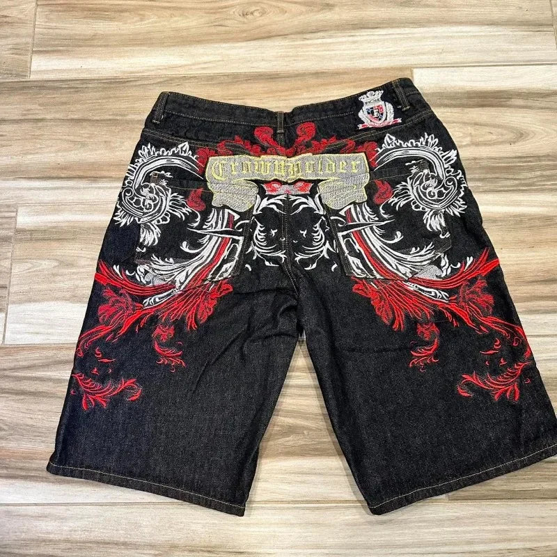Gothic Embroidered Baggy Denim Shorts