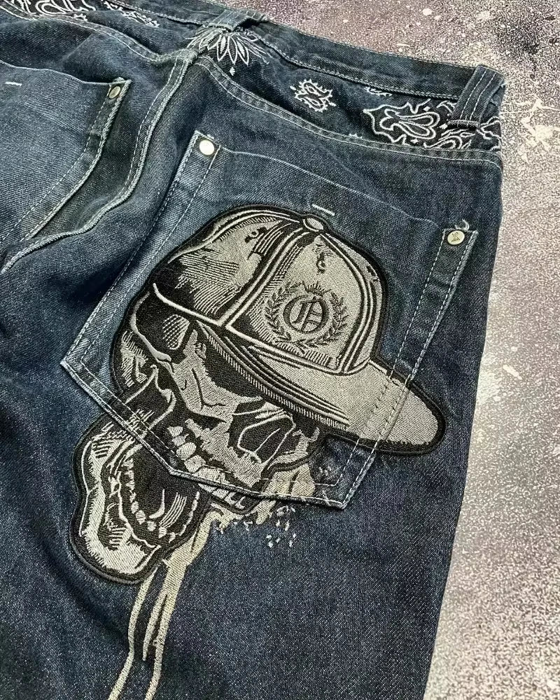 Skull Embroidered Baggy Jeans