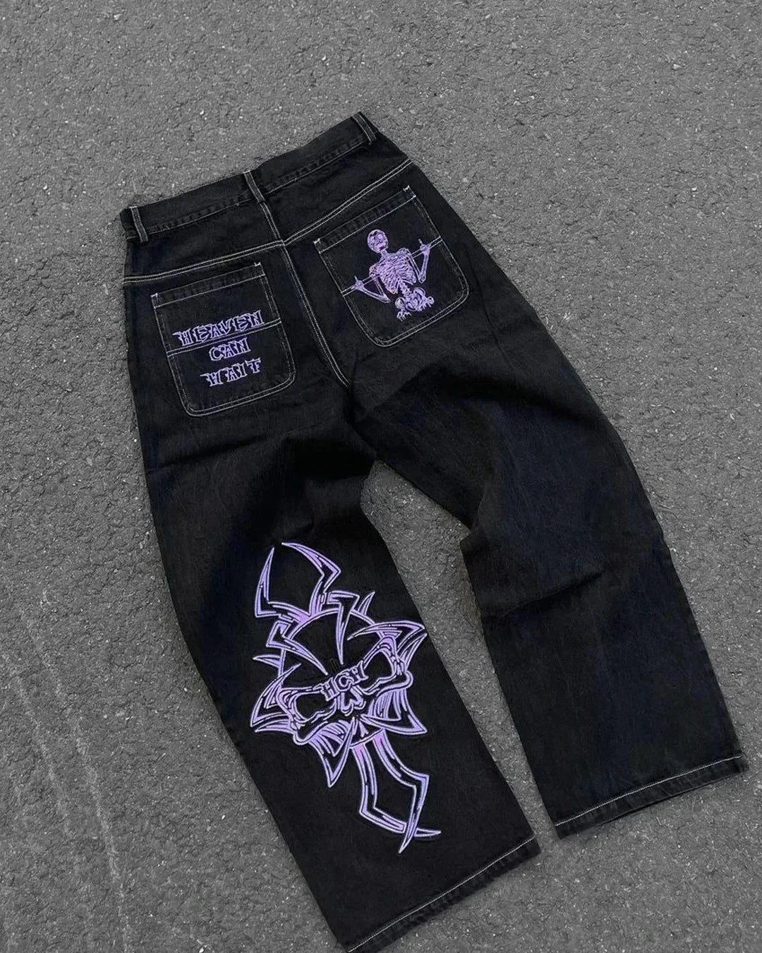 Skull Embroidered Baggy Jeans