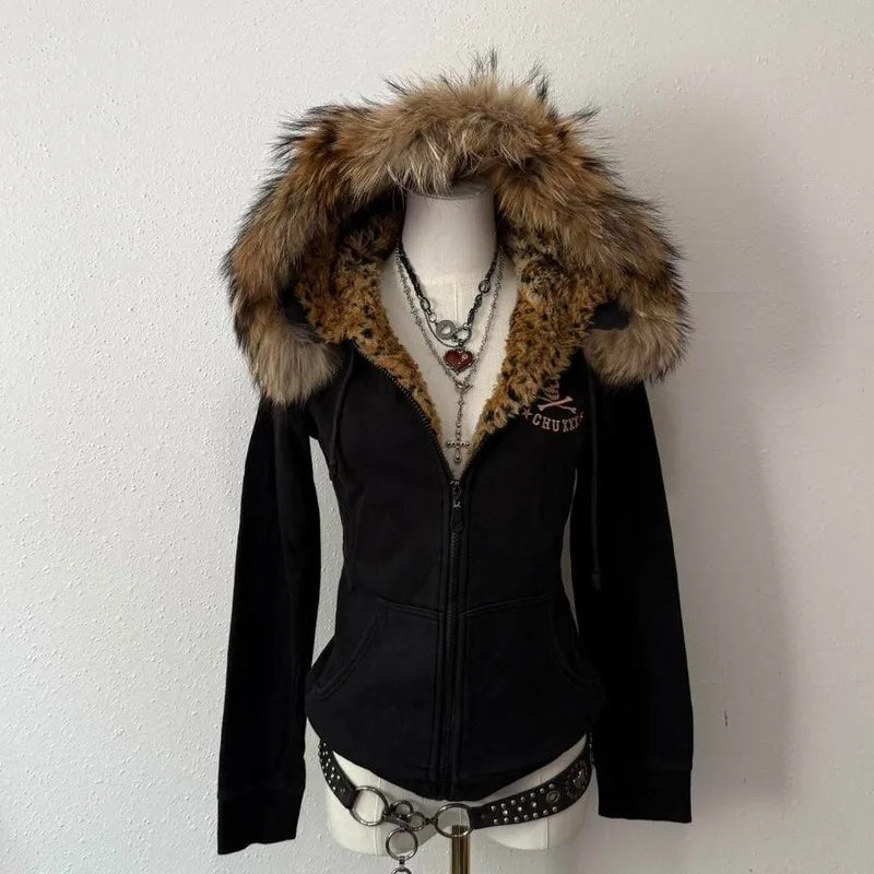 Leopard Print Faux Fur Lined Zip-up Y2k Hoodie