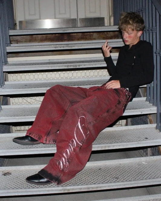 Baggy Washed Red Wide Leg Jeans