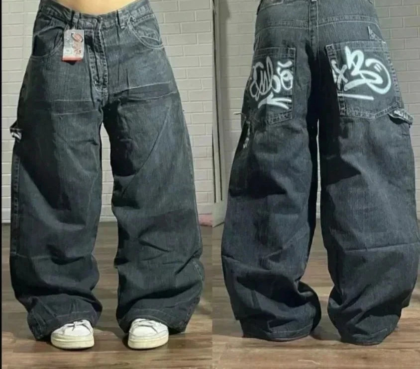 Skull Embroidered Baggy Jeans