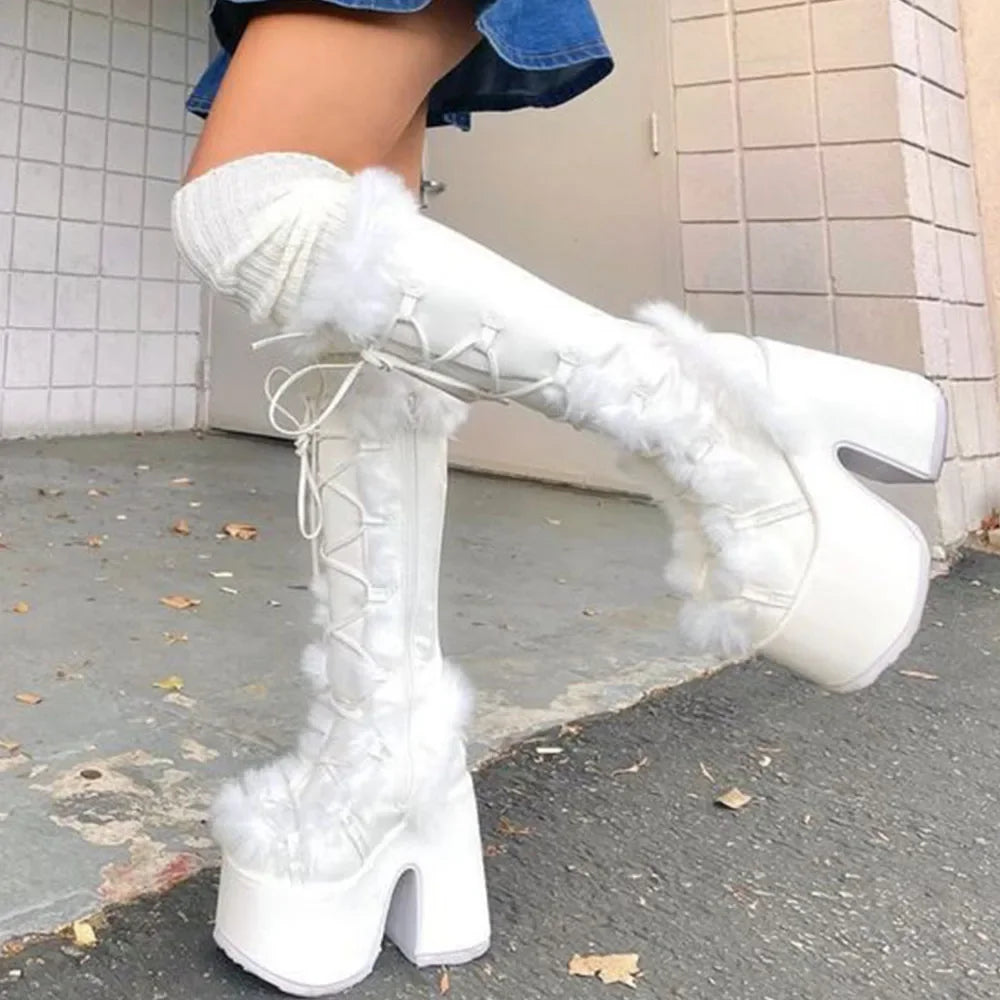 High Heel Platform Boots With Fur