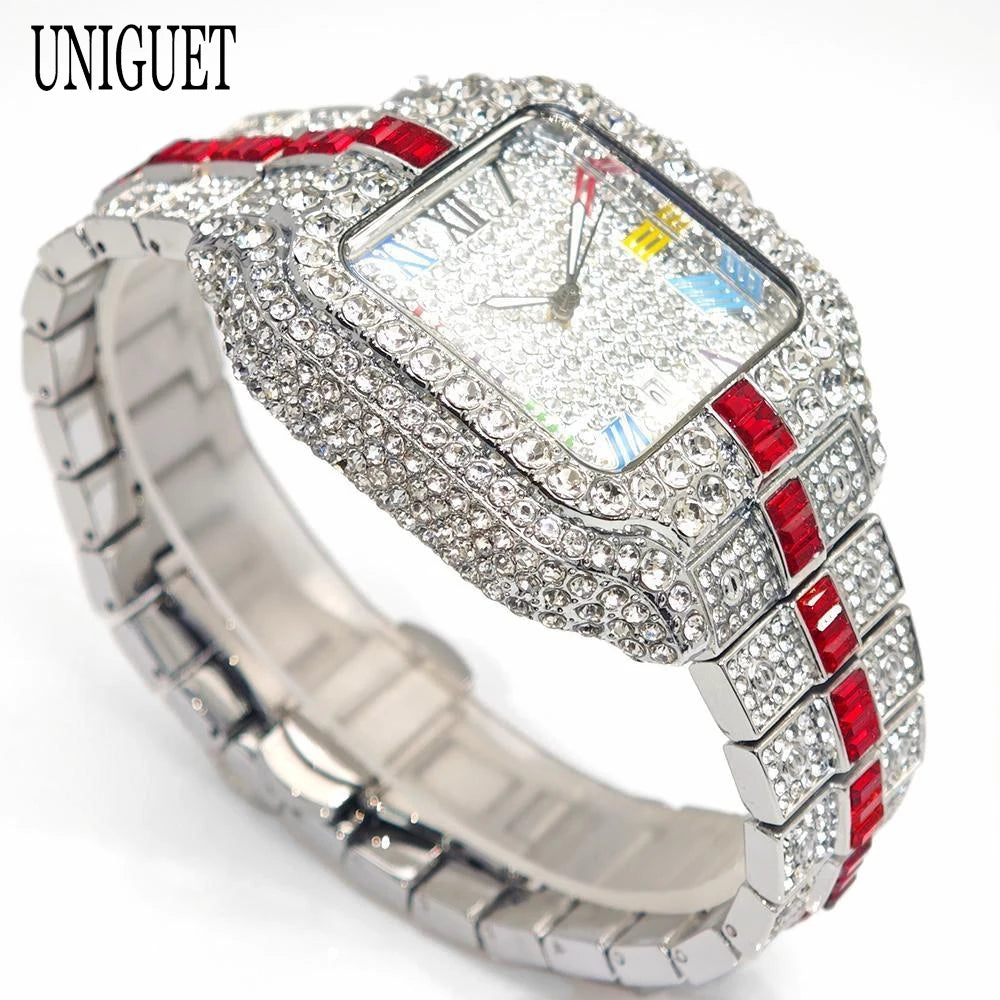 Square Shaped Striped Luxury Iced Out Watch