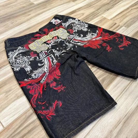 Gothic Embroidered Baggy Denim Shorts