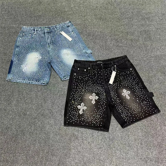 rhinestone slim fit men's denim shorts