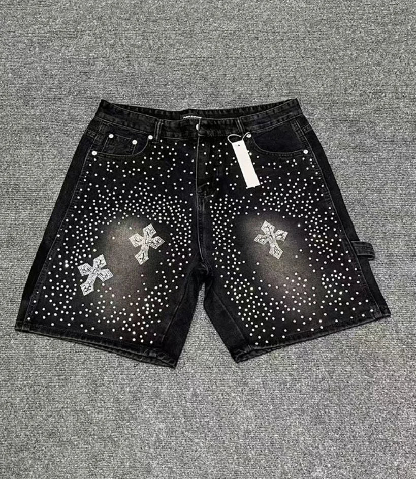 rhinestone slim fit men's denim shorts