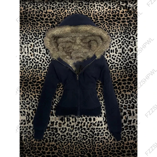 Furry Hooded Zip up Y2k Sweaters
