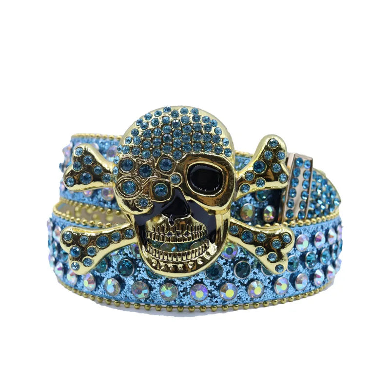 Western Big Skull Buckle Sparkly Leather Rhinestone Belt