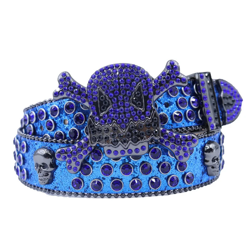 Western Big Skull Buckle Sparkly Leather Rhinestone Belt