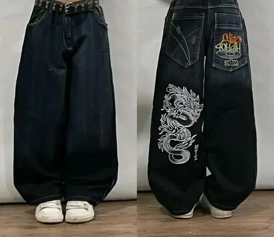 Skull Embroidered Baggy Jeans