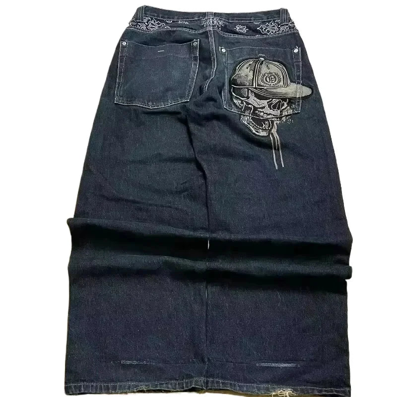 Skull Embroidered Baggy Jeans